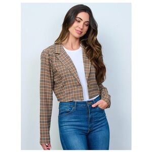 Women Casual Lapel Plaid Pattern Brown Long Sleeve Crop Short Blazer
